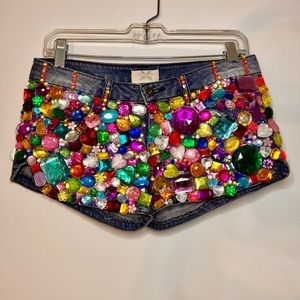Handmade studded embezzled denim jean shorts